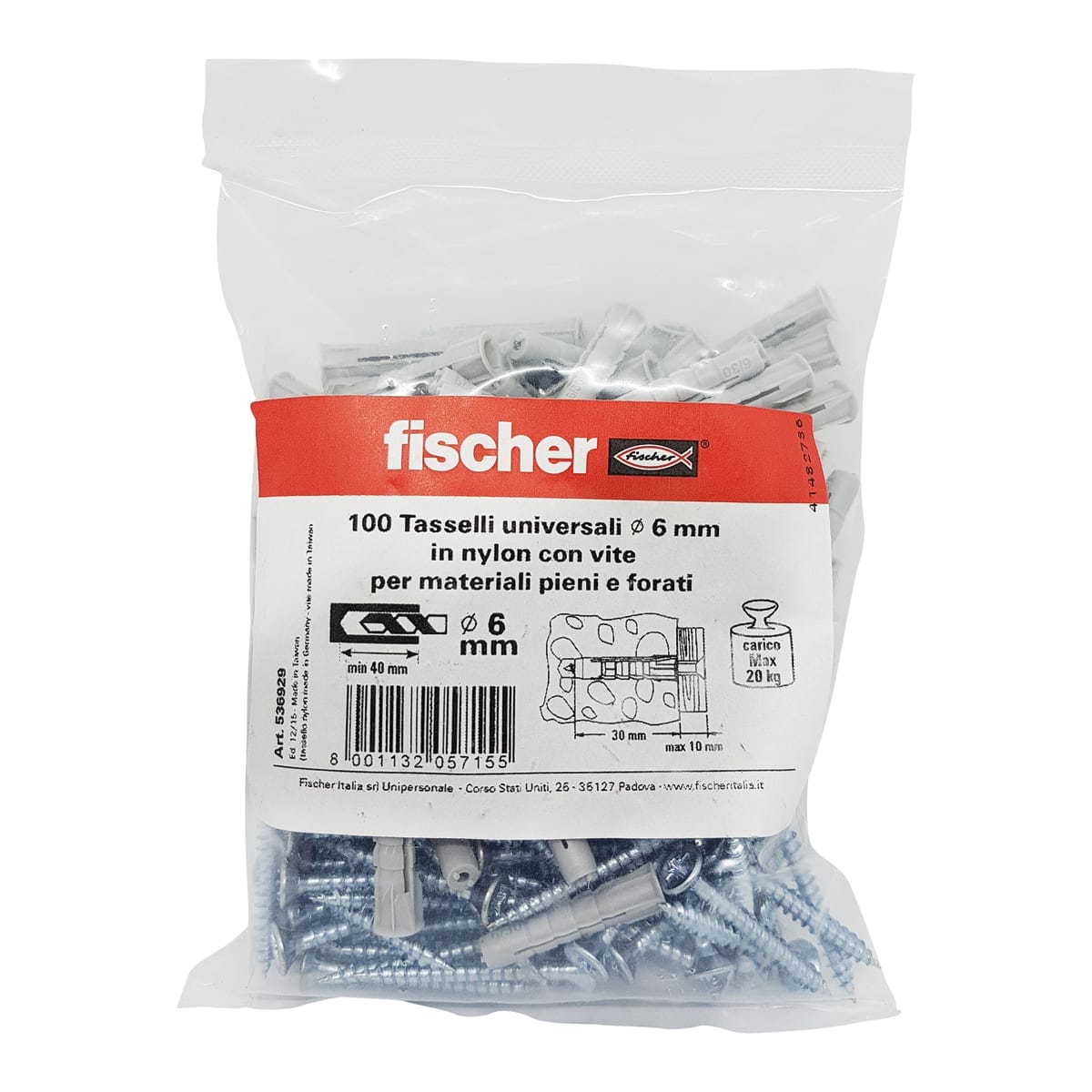 Bricocenter 6 MM DOWELS WITH 100 FISCHER SCREWS, 100 PIECES