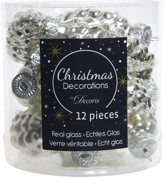 12 SILVER GLASS PINECONES 2.5X6CM