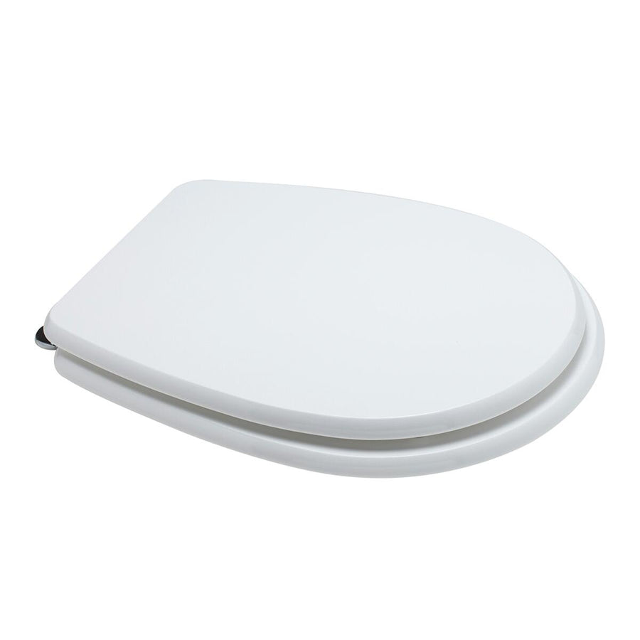 Oval-shaped white MDF toilet seat cover, designed specifically for the Lute model, with metal mounting brackets underneath and an antibacterial finish