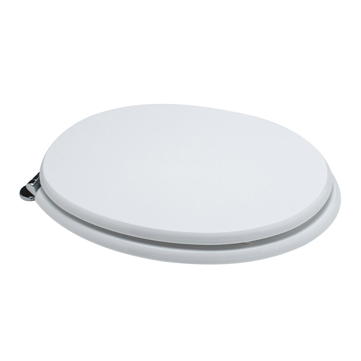 White oval MDF toilet seat cover, fixed from below with antibacterial metal fittings