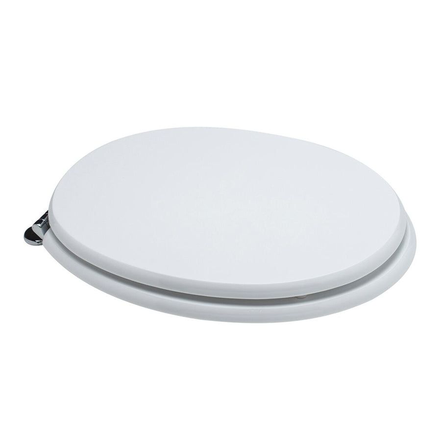 White oval MDF toilet seat cover, fixed from below with antibacterial metal fittings