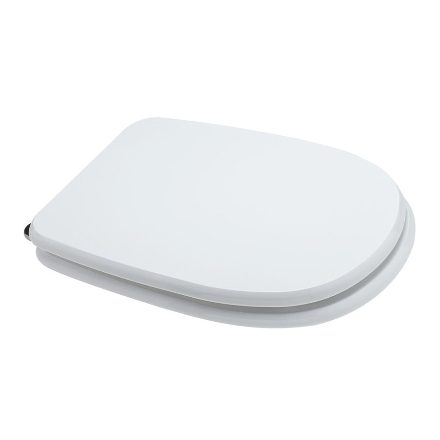 Rectangular white MDF toilet seat cover, specifically designed for under-mount installation, with antibacterial metal fittings