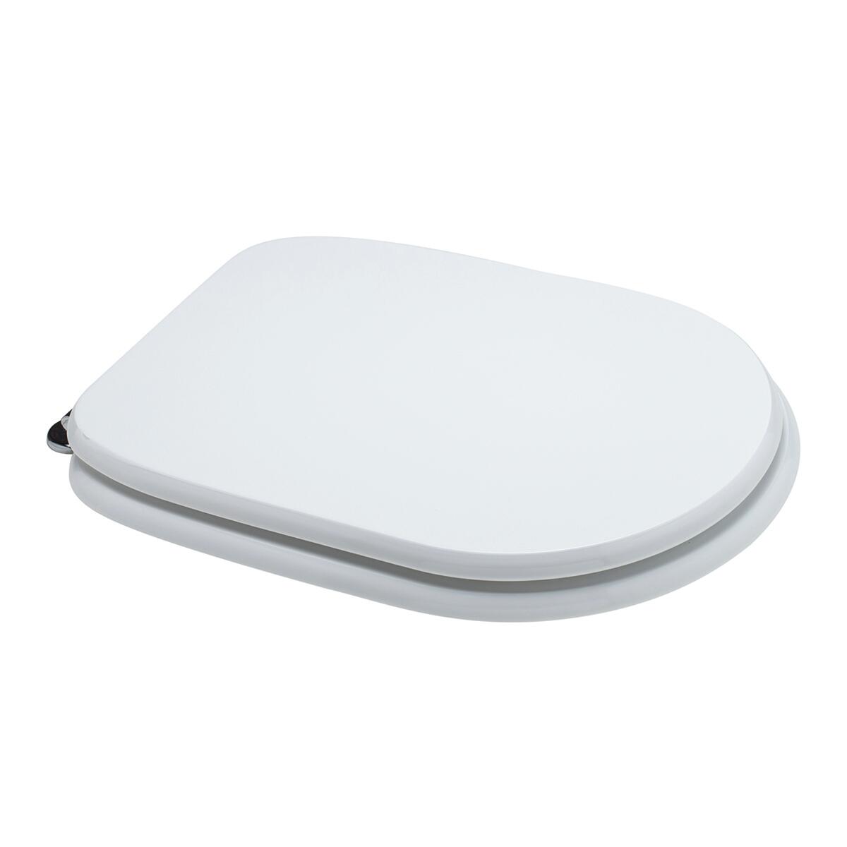 Rectangular white MDF toilet seat cover, specifically designed for this model, with metal under-mount fixing and antibacterial finish