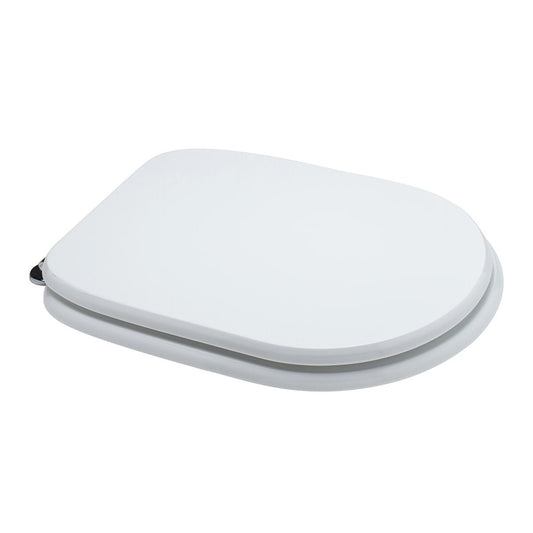 Rectangular white MDF toilet seat cover, specifically designed for this model, with metal under-mount fixing and antibacterial finish