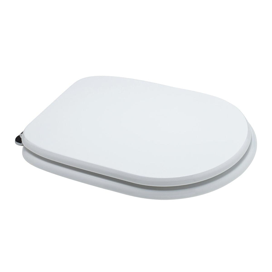 Rectangular white MDF toilet seat cover, specifically designed for this model, with metal under-mount fixing and antibacterial finish