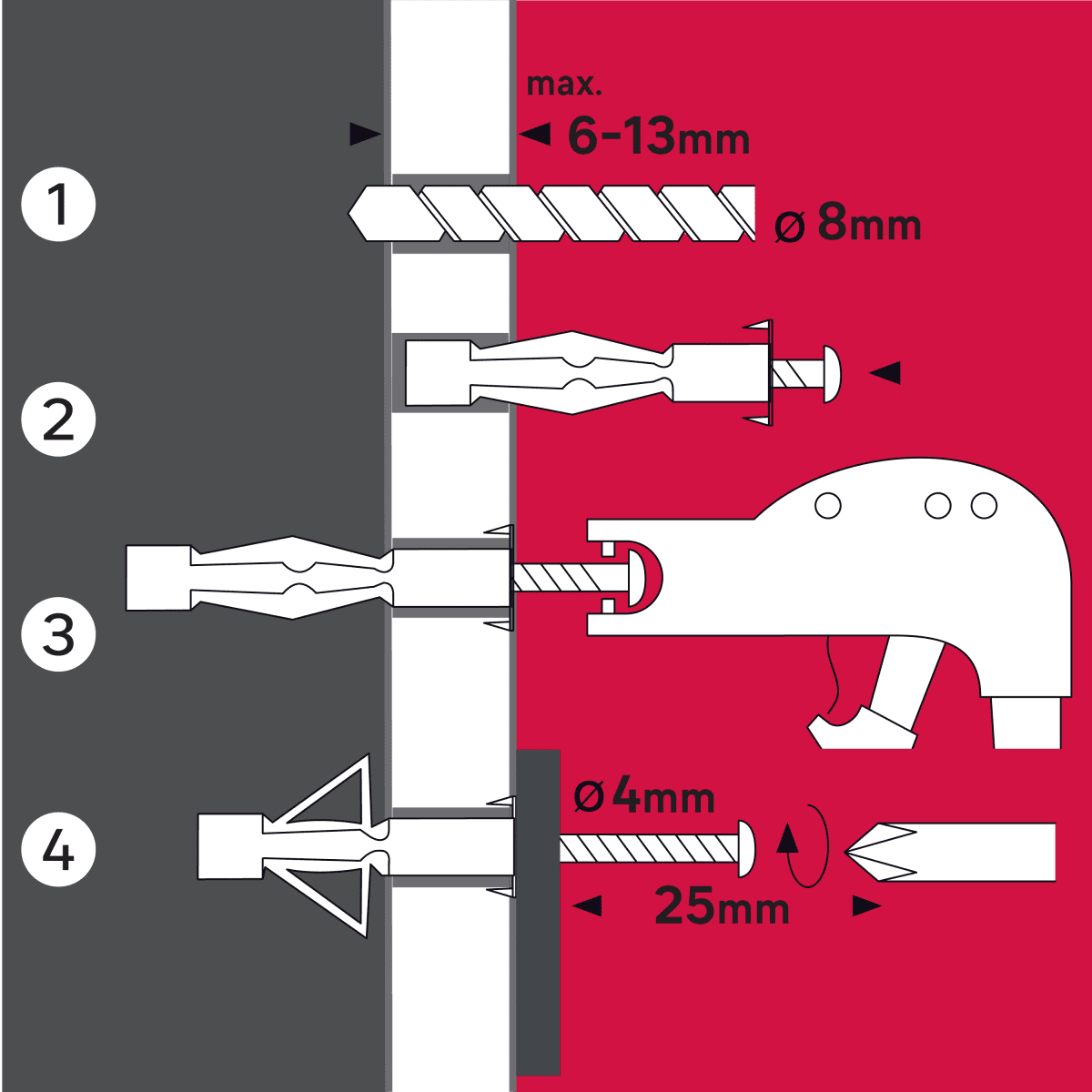 PLUGS WITH 8X16 MM SCREWS FOR PLASTERBOARD