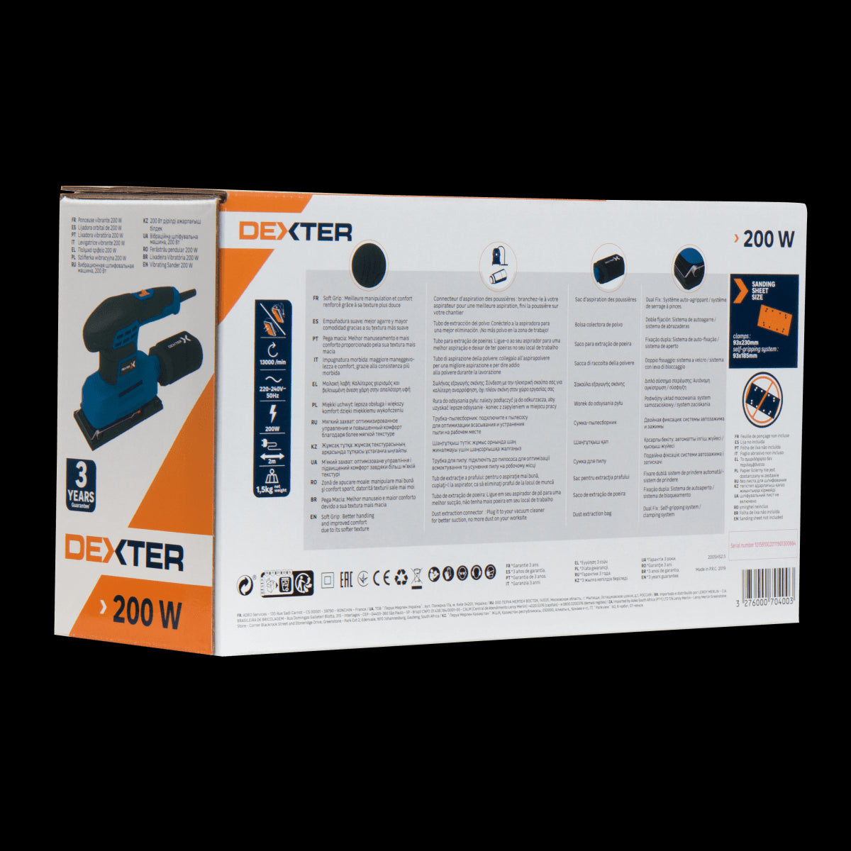 DEXTER 200W ORBITAL SANDER 90X187MM PLATE WITH DUST BAG