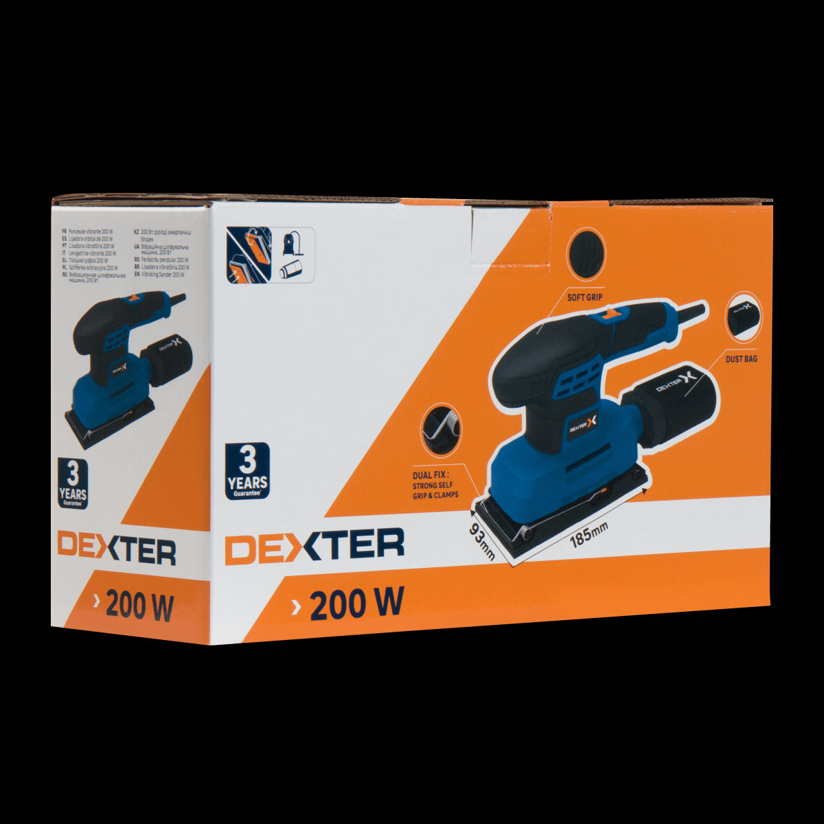 DEXTER 200W ORBITAL SANDER 90X187MM PLATE WITH DUST BAG