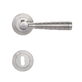 NINE DOOR HANDLE WITH ROSETTE AND ESCUTCHEON IN ZAMAK SATIN NICKEL FINISH