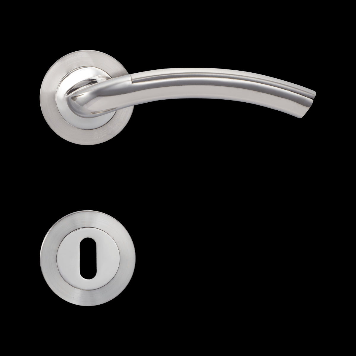 ASIA DOOR HANDLE WITH ROSETTE AND ESCUTCHEON IN ZAMAK SATIN NICKEL FINISH