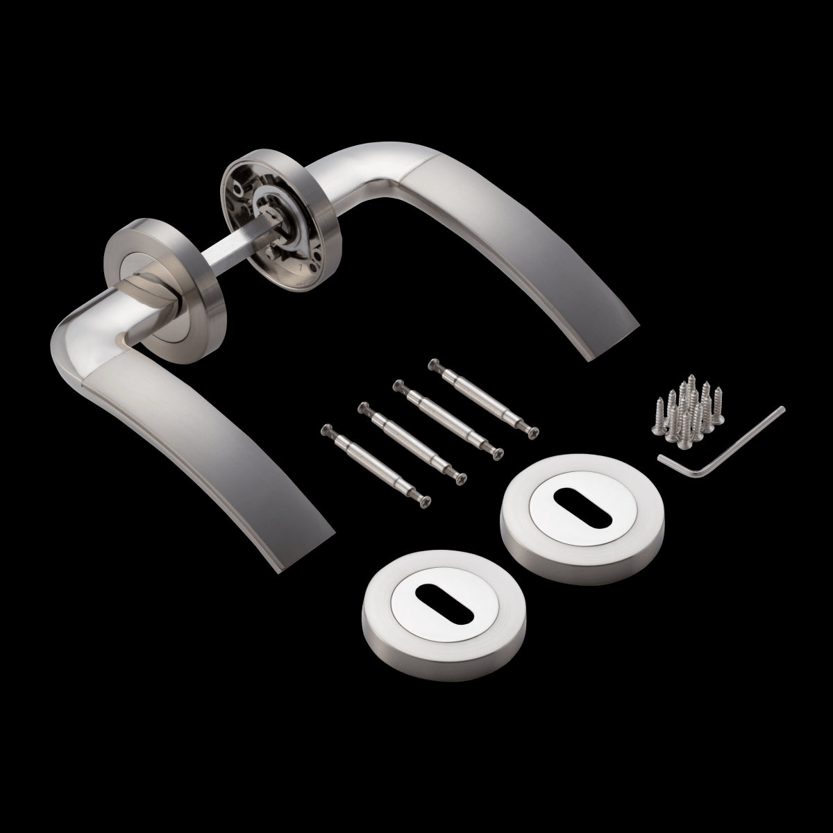 ASIA DOOR HANDLE WITH ROSETTE AND ESCUTCHEON IN ZAMAK SATIN NICKEL FINISH