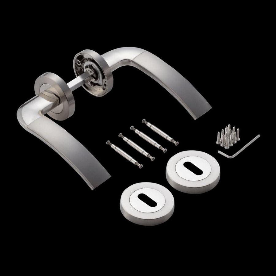 Bricocenter ASIA DOOR HANDLE WITH ROSETTE AND ESCUTCHEON IN ZAMAK SATIN NICKEL FINISH