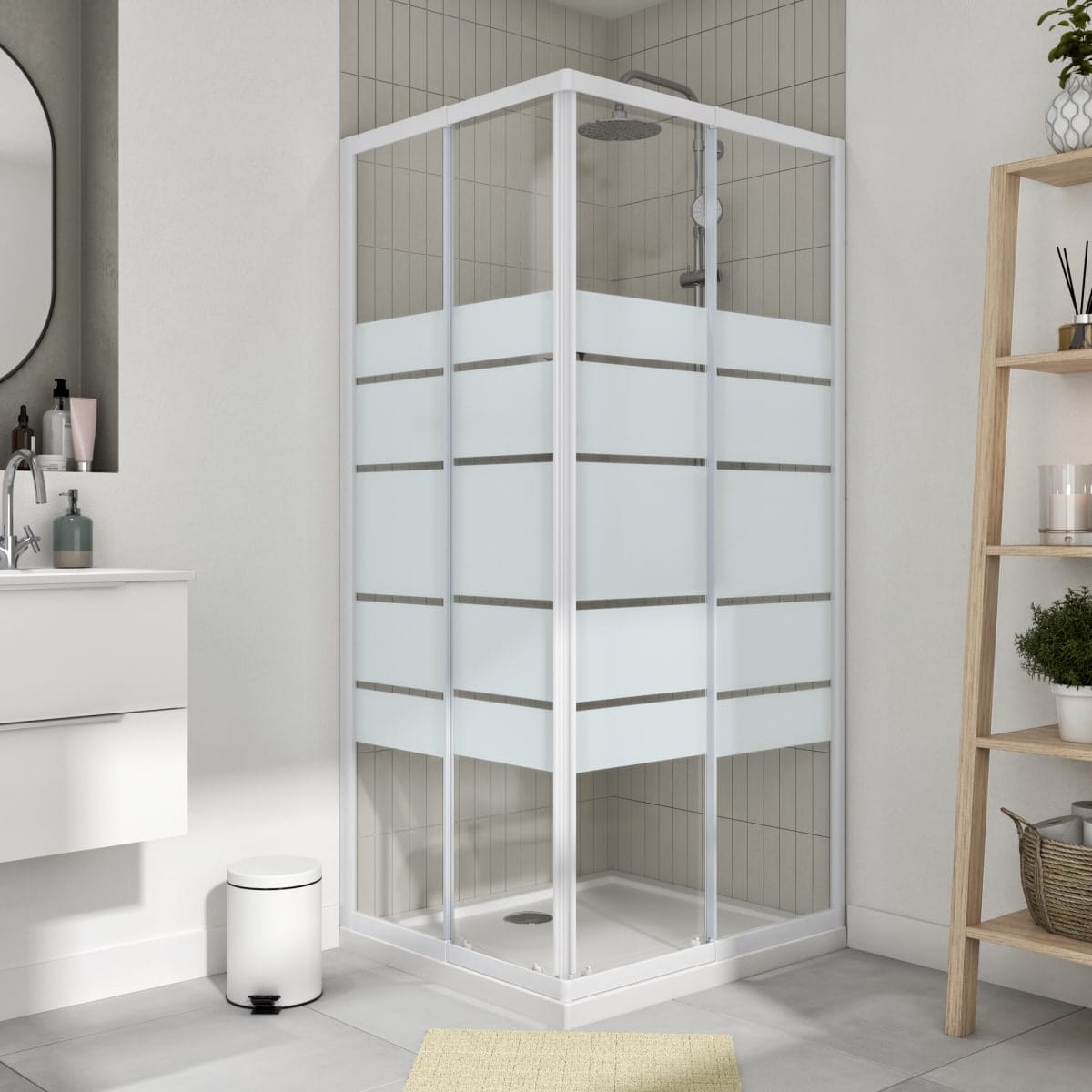 Bricocenter ESSENTIAL SENSEA RECTANGULAR SHOWER CUBICLE L70-80 X 80-90 H 185CM SCREEN-PRINTED GLASS 4MM WHITE