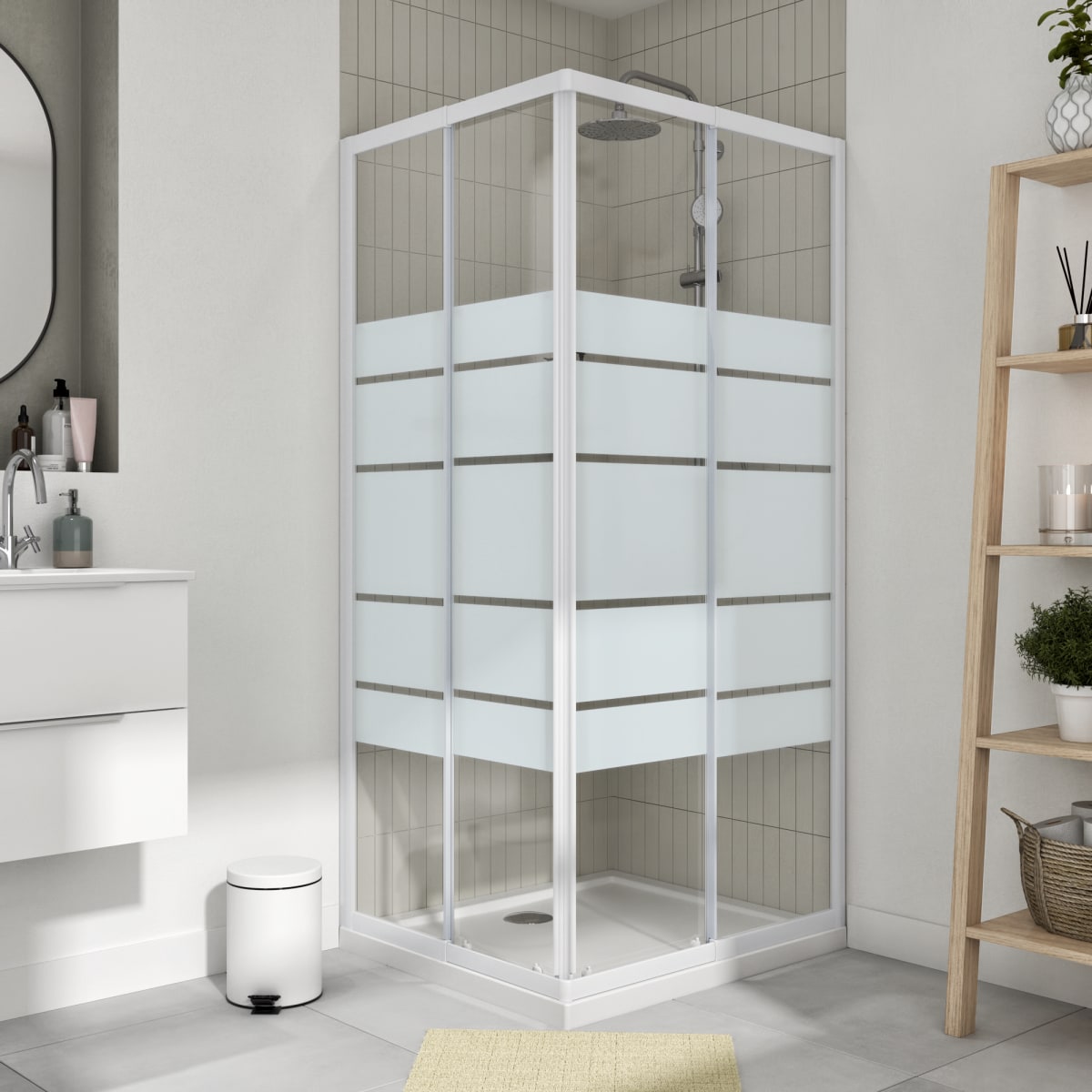 ESSENTIAL SENSEA RECTANGULAR SHOWER CUBICLE L70-80X90-100 H185 CM SCREEN-PRINTED GLASS 4MM WHITE