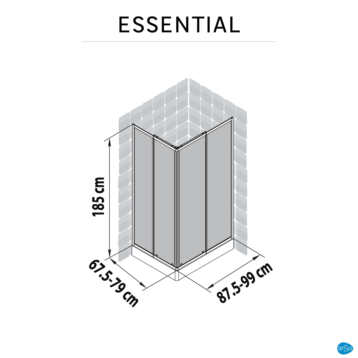 ESSENTIAL SENSEA RECTANGULAR SHOWER CUBICLE L70-80X90-100 H185 CM SCREEN-PRINTED GLASS 4MM WHITE