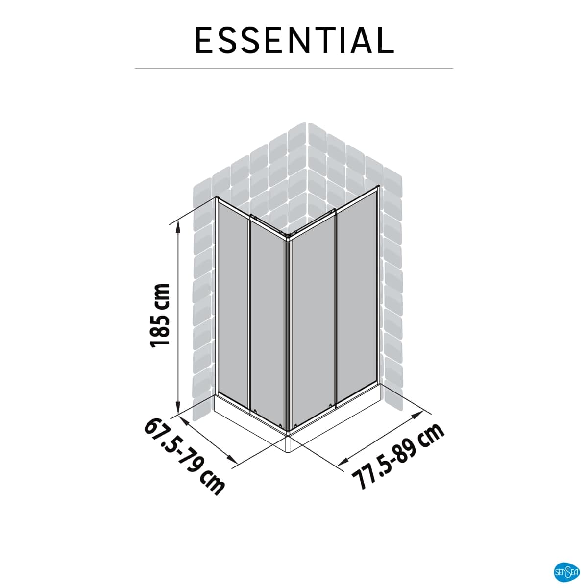 Bricocenter ESSENTIAL SENSEA RECTANGULAR SHOWER CUBICLE L70-80 X 80-90 H 185CM SCREEN-PRINTED GLASS 4MM WHITE