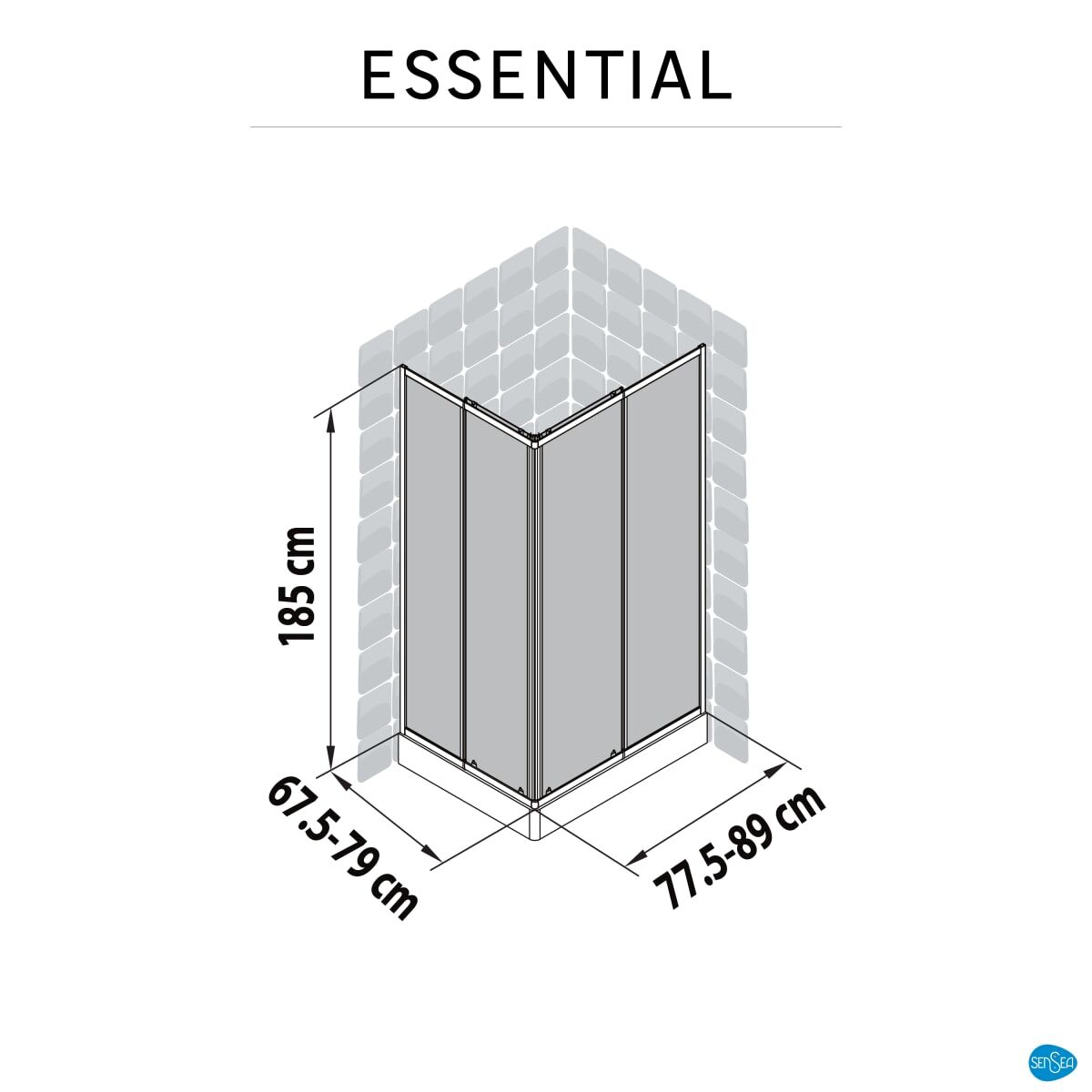 ESSENTIAL RECTANGULAR SHOWER CUBICLE 70-80 X 80-90 H180 CM CLEAR GLASS CHROME FRAME