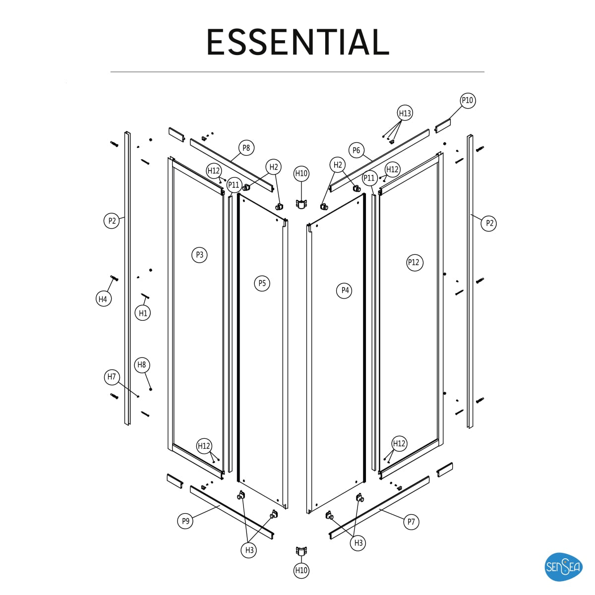 ESSENTIAL SENSEA RECTANGULAR SHOWER CUBICLE L70-80X90-100 H185 CM SCREEN-PRINTED GLASS 4MM WHITE