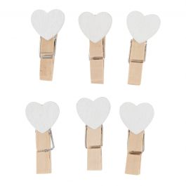 6 WHITE HEART PHOTO PEGS 3.5CM