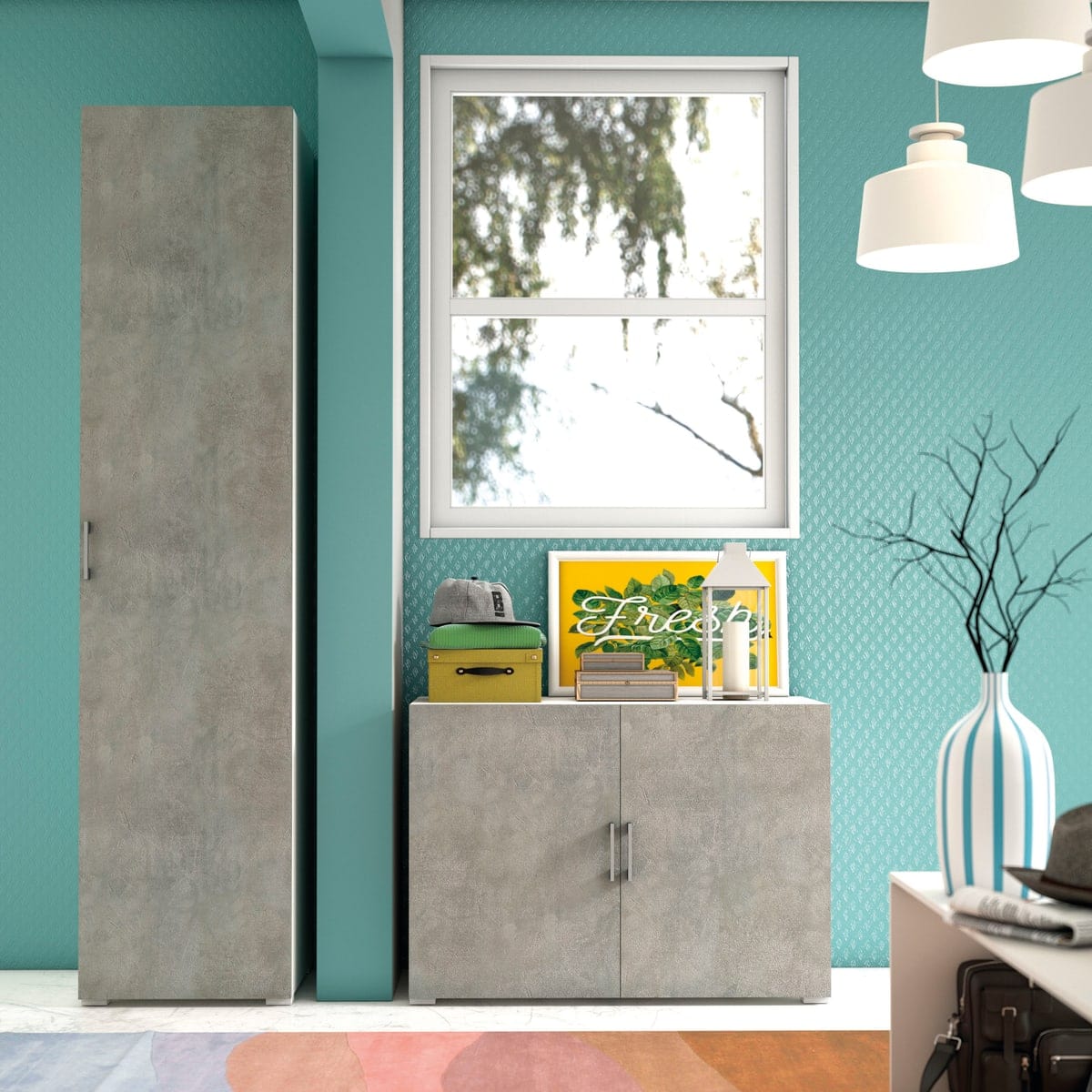 Bricocenter MULTIPURPOSE WHITE CM 195X45X45 1 DOOR CONCRETE 4 ADJUSTABLE SHELVES