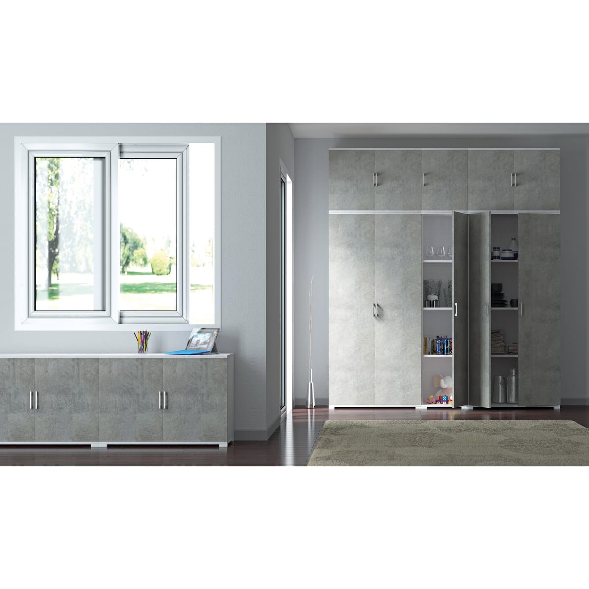 Bricocenter MODULAR WARDROBE IN KIT W90 D45 H195 WHITE CEMENT DOORS