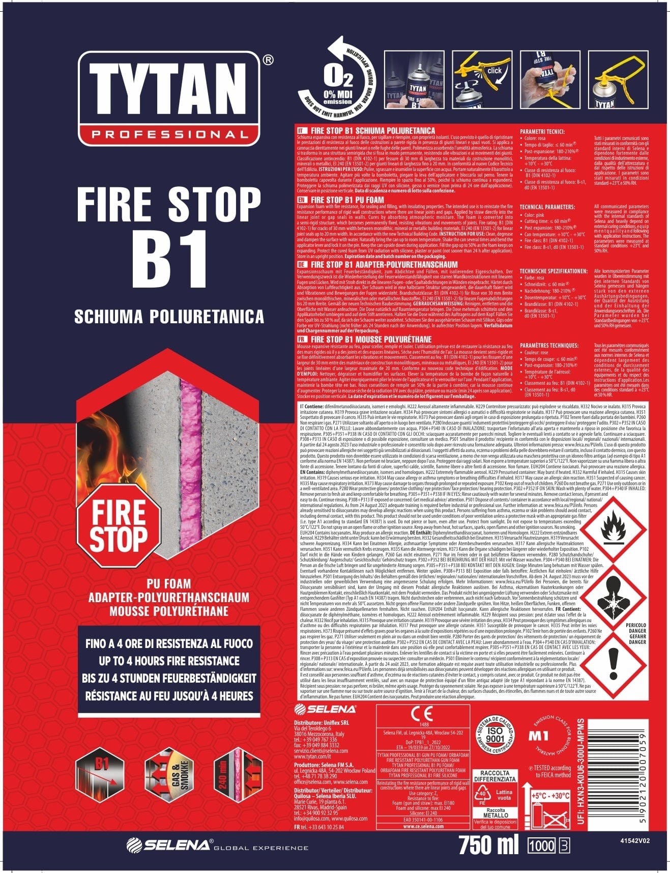 Bricocenter B1 FIREPROOF POLYURETHANE FILLING FOAM WITH ERGO FIRE STOP STRAW TYTAN 750ML