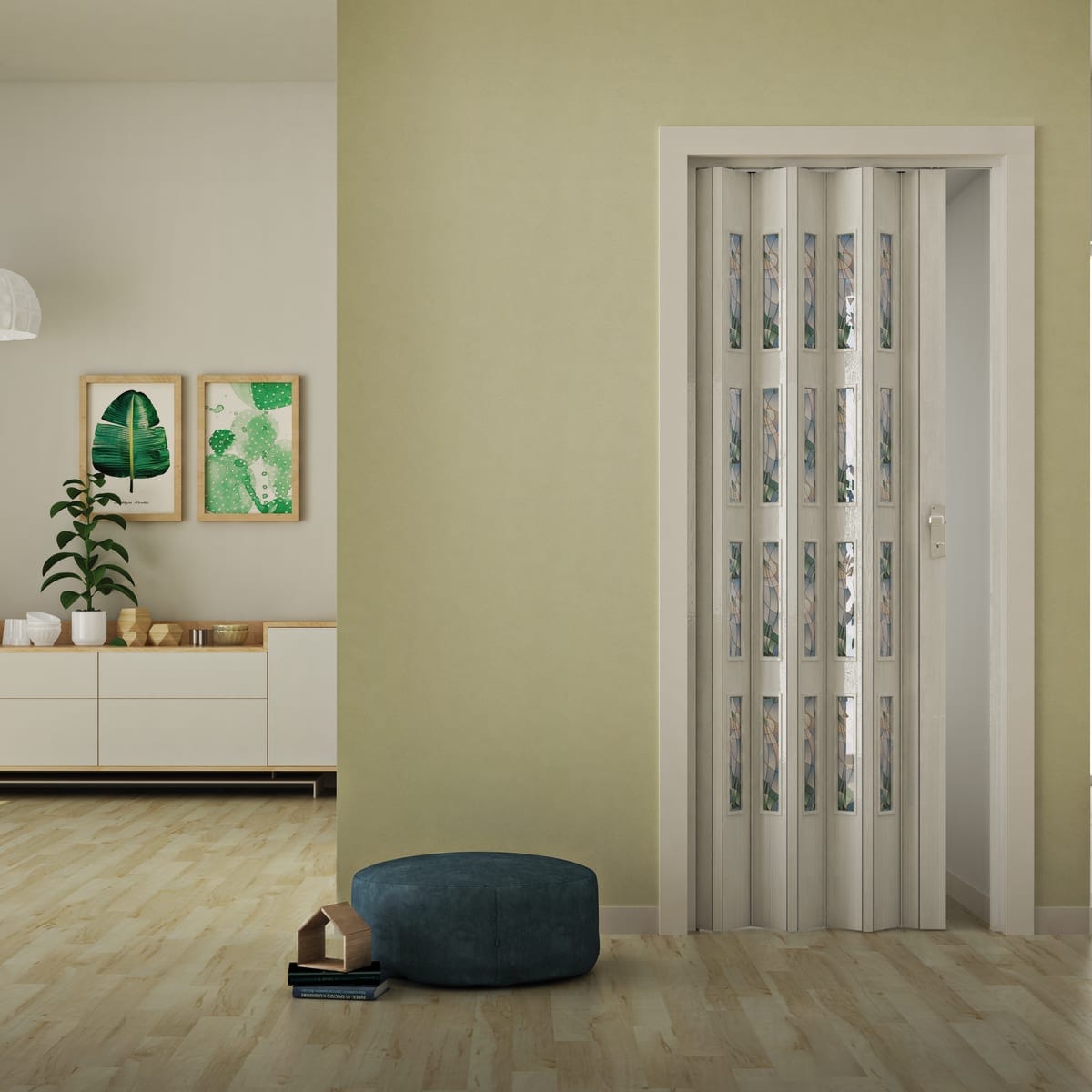 Bricocenter Vera folding door cm 89.5x214 glossy white veined with glass and aluminium lock