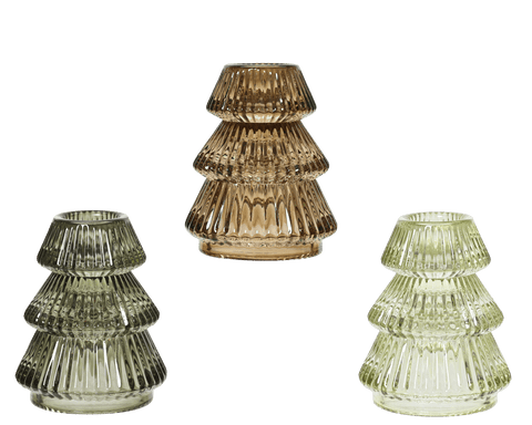Glass tealight holder with Christmas tree design, d6.5 x h8 cm