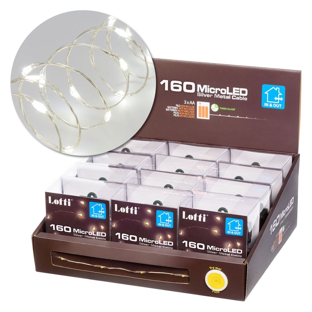 Catena luminosa 160 microled a batteria per uso esterno, 16m luce bianco freddo