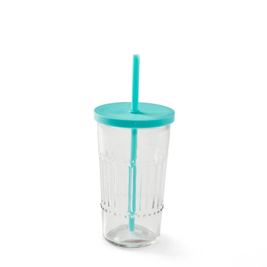 Casa REFRESH AQUA Glass with blue straw, H 14,5 cm - Ø 8,7 cm