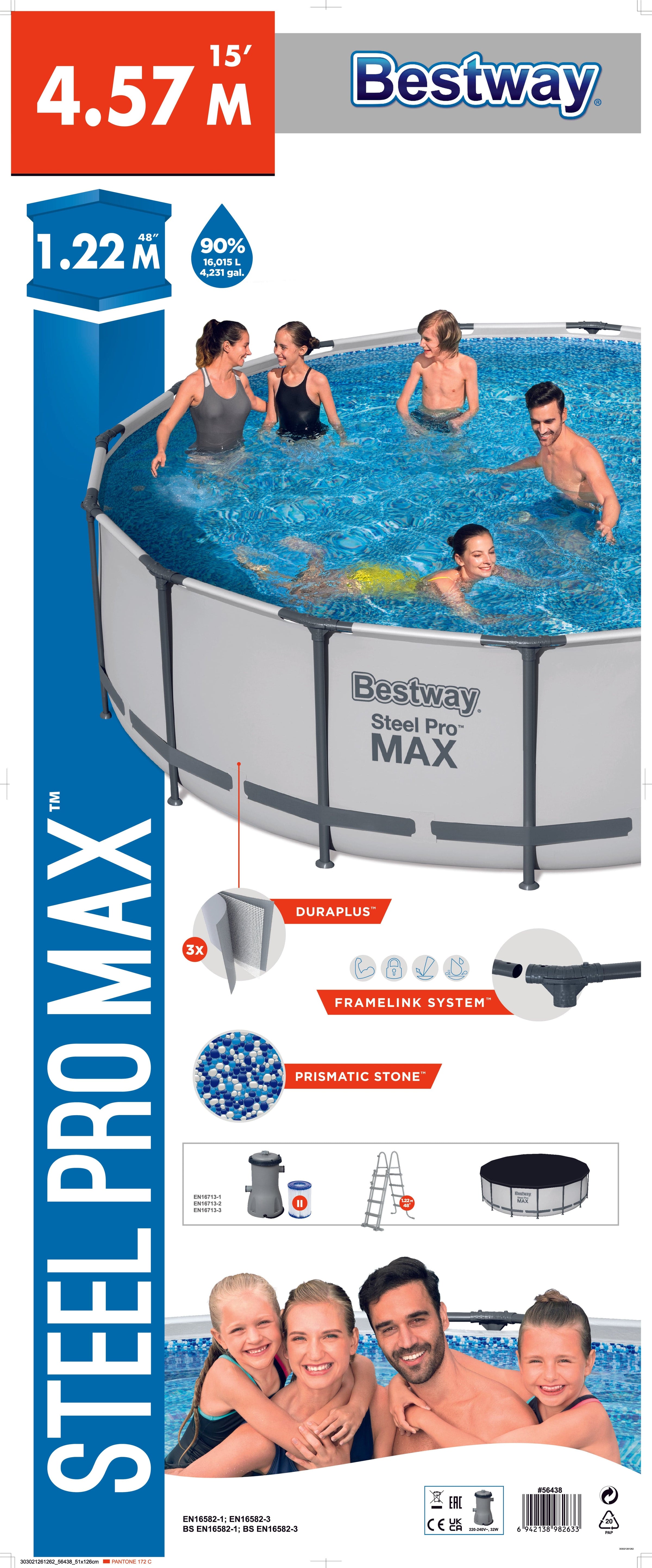 Bricocenter Steel round tubolar pool D4.57MX122cm, white, 3M3 / H cartridge pump