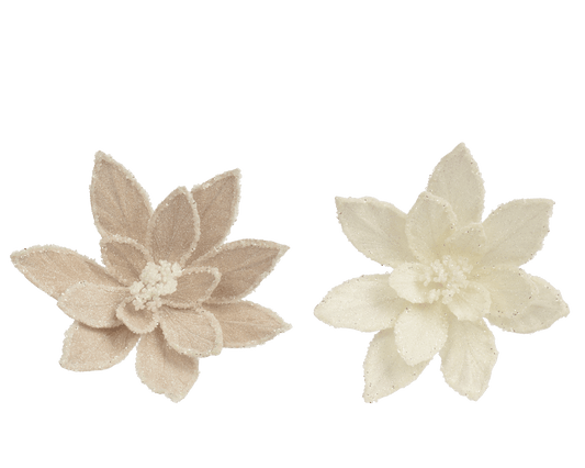Poinsettia with velvet-effect clip, featuring glitter and sequins; d. 30 x h. 11 cm, assorted