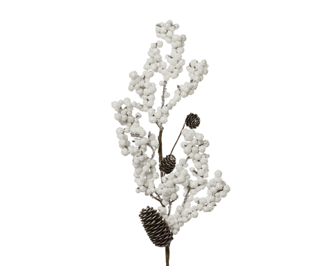 Decorative branch with snow-covered pine cones, L20 x W5 x H60 cm, white