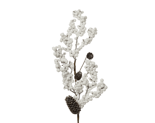 Decorative branch with snow-covered pine cones, L20 x W5 x H60 cm, white