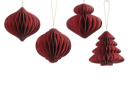 Red paper decoration, 8 cm in diameter x 8 cm high, with champagne gold glitter