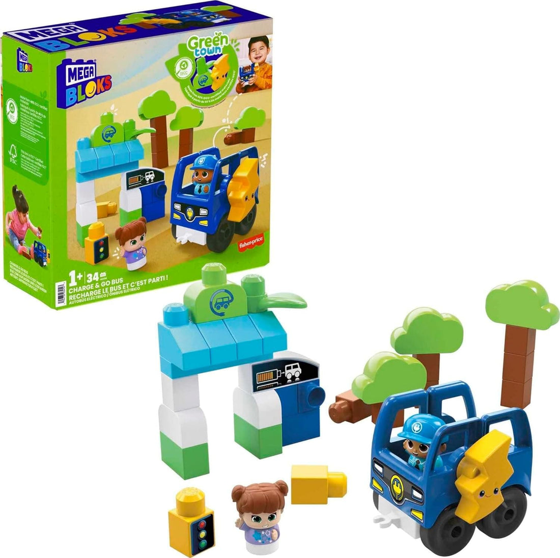 MEGA BLOKS Fisher Price Toddler Building Blocks, Green Town Charge & Go Bus with 2 Figures - best price from Maltashopper.com HDX90