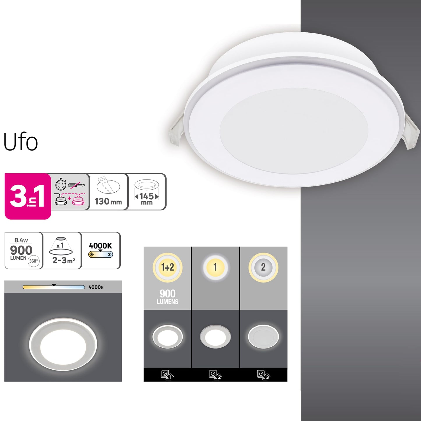 UFO RECESSED SPOTLIGHT PLASTIC WHITE D13 CM LED 12W NATURAL LIGHT