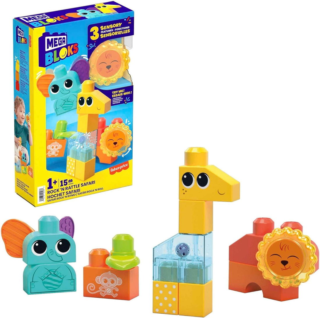 MEGA BLOKS Fisher Price Sensory Building Toy, Rock N Rattle Safari With Rattle and Bells - best price from Maltashopper.com HKN42