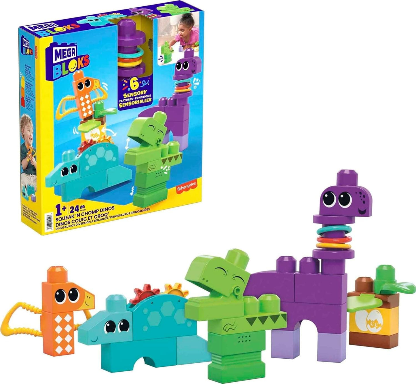 MEGA BLOKS Fisher Price Sensory Building Toy, Squeak N Chomp Dinosaurs - best price from Maltashopper.com HKN43