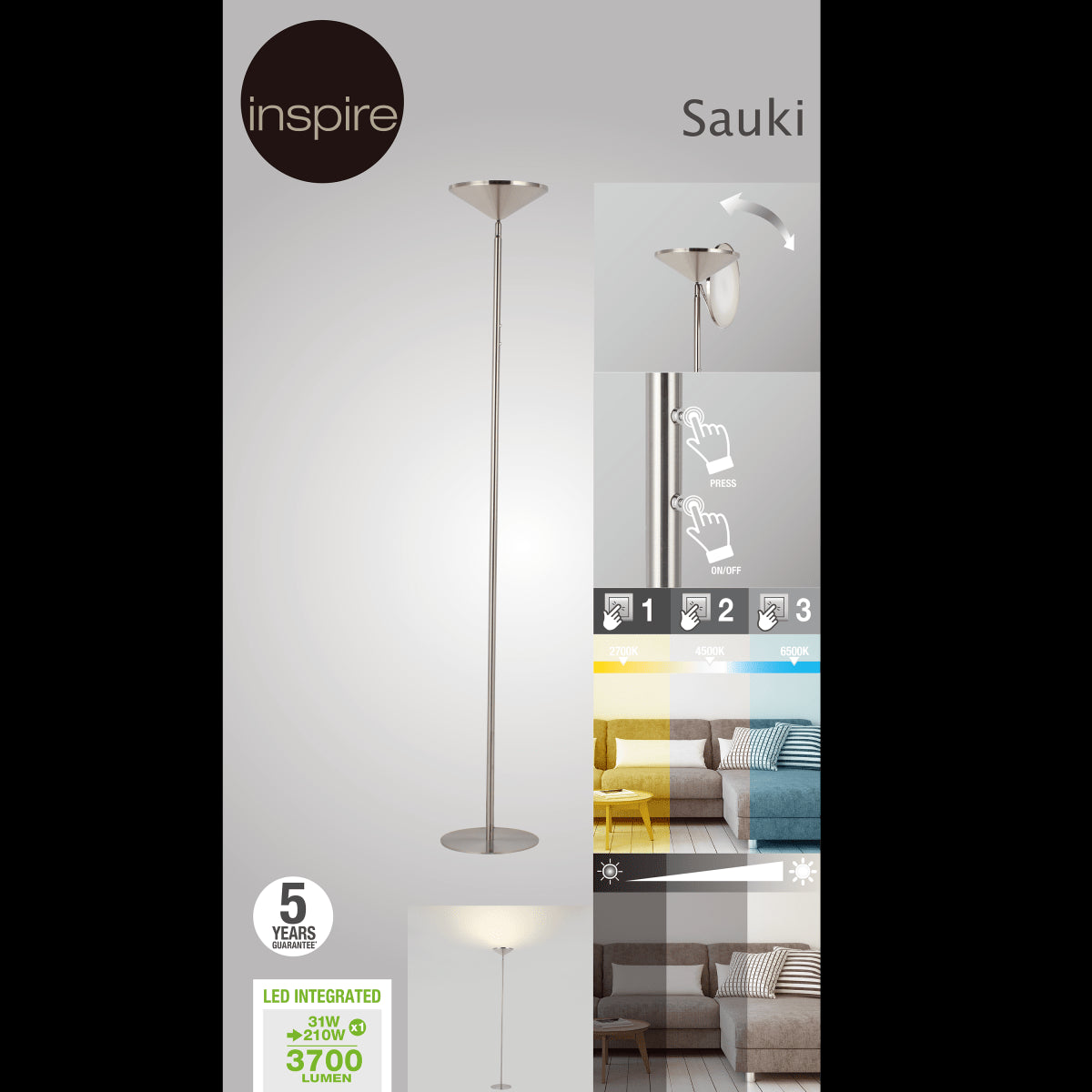 SAUKI SATIN NICKEL FLOOR LAMP H180 CM LED 3700LM CCT DIMMABLE