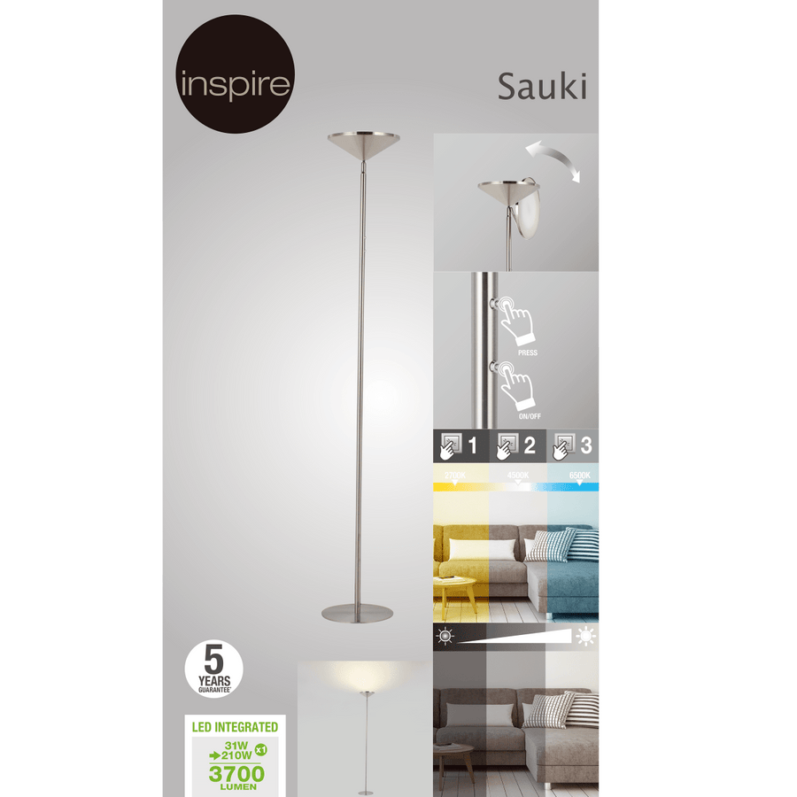 SAUKI SATIN NICKEL FLOOR LAMP H180 CM LED 3700LM CCT DIMMABLE