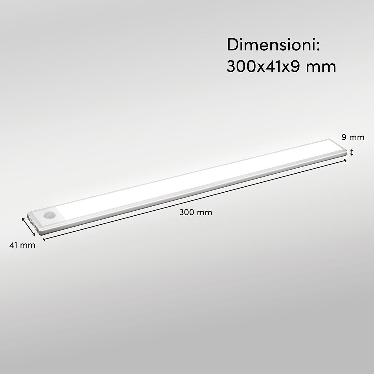 Under-cabinet light, silver aluminium, 30 cm, LED 1.4W, natural light, USB rechargeable with sensor