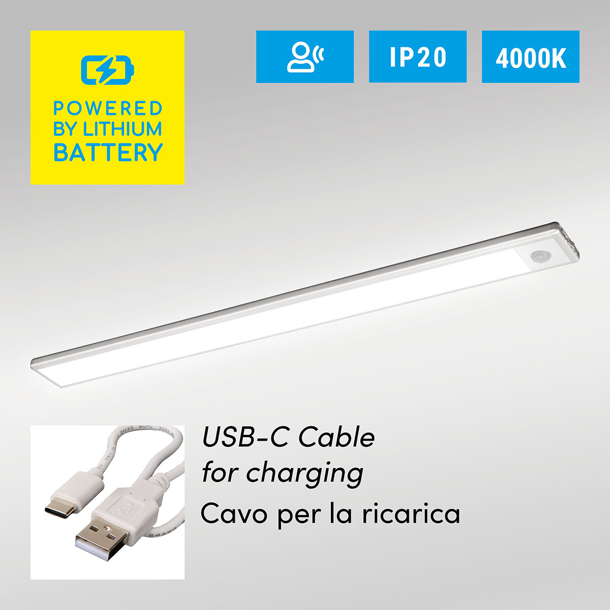 Under-cabinet light, silver aluminium, 30 cm, LED 1.4W, natural light, USB rechargeable with sensor