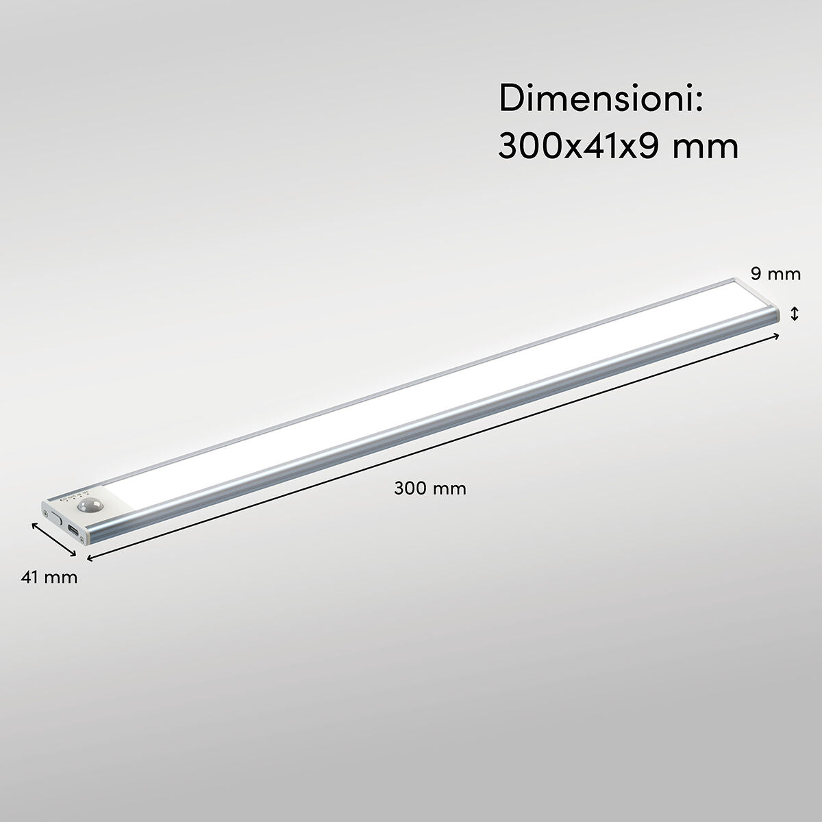 Under-cabinet light, silver aluminium, 30 cm, LED 1.5W 110, CCT light, USB rechargeable with sensor