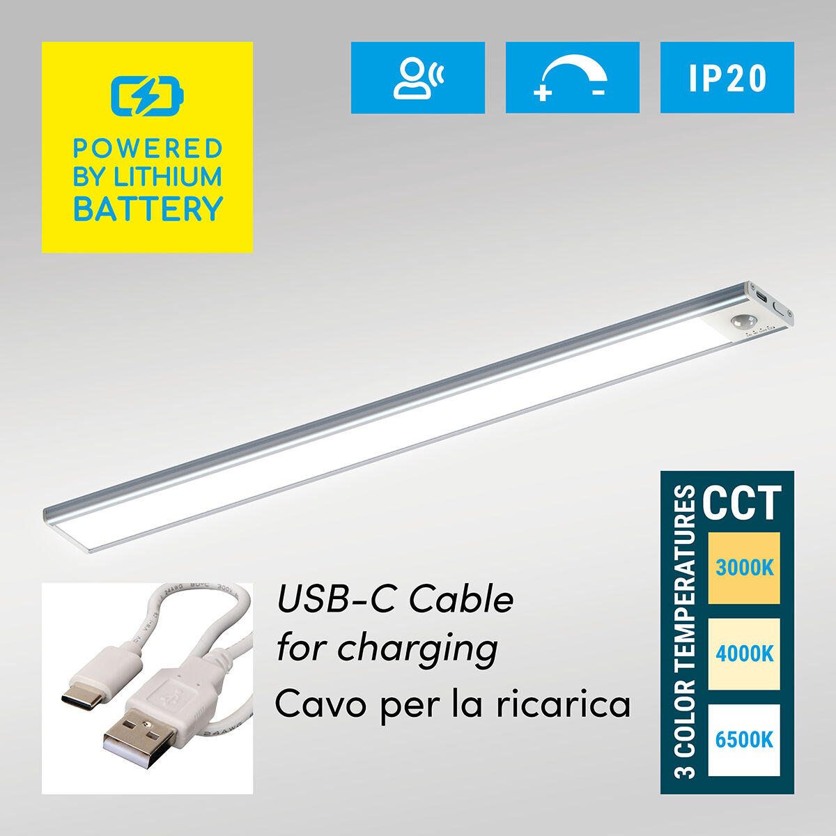 Under-cabinet light, silver aluminium, 30 cm, LED 1.5W 110, CCT light, USB rechargeable with sensor