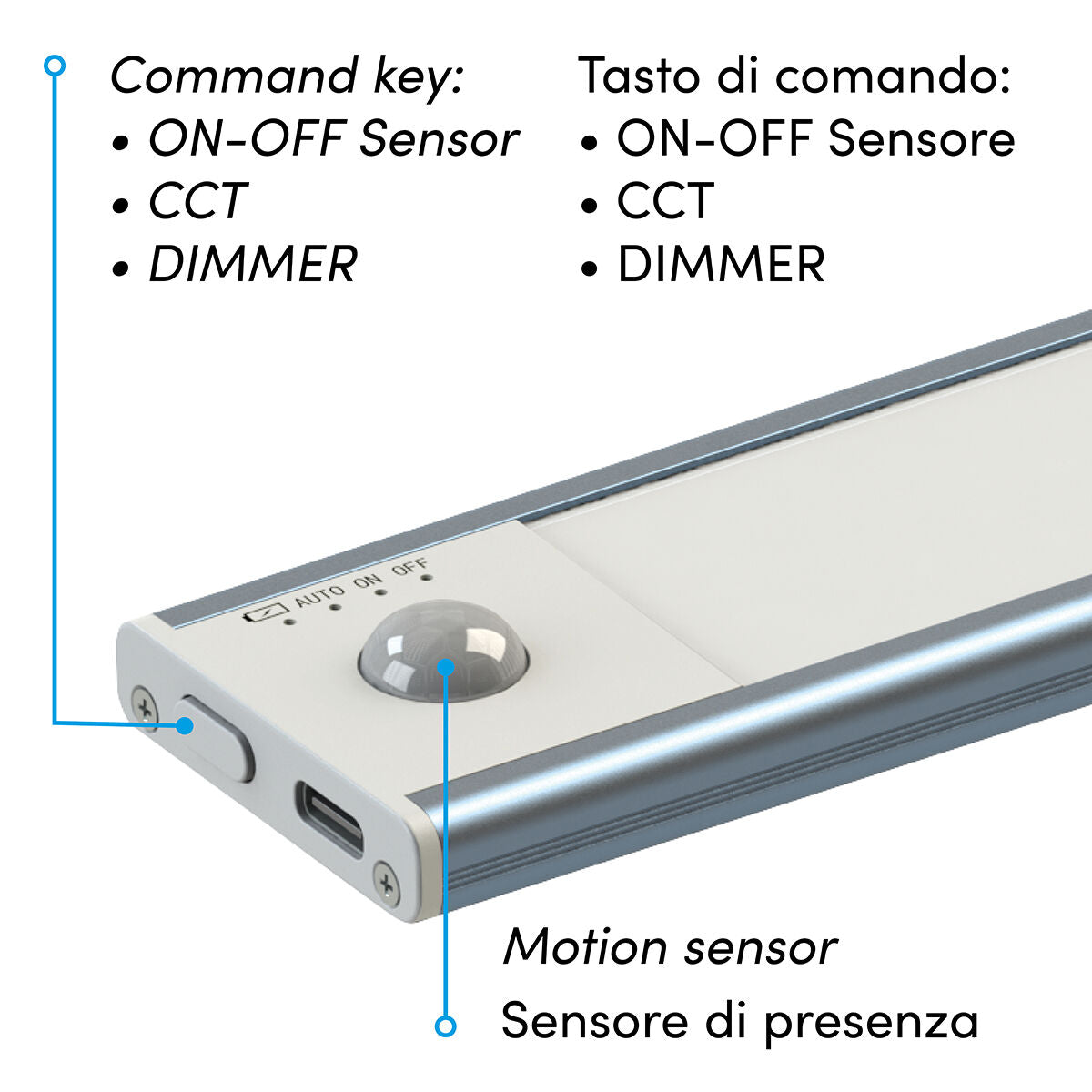 Under-cabinet light, silver aluminium, 30 cm, LED 1.5W 110, CCT light, USB rechargeable with sensor