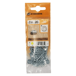 BOLT 2.5 X 20 MM CYLINDRICAL HEAD PH, NUT AND WASHER 30 PCS.