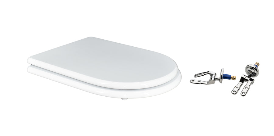 Fiorile-specific white MDF toilet seat, top-mounted, with ceramic and metal fittings