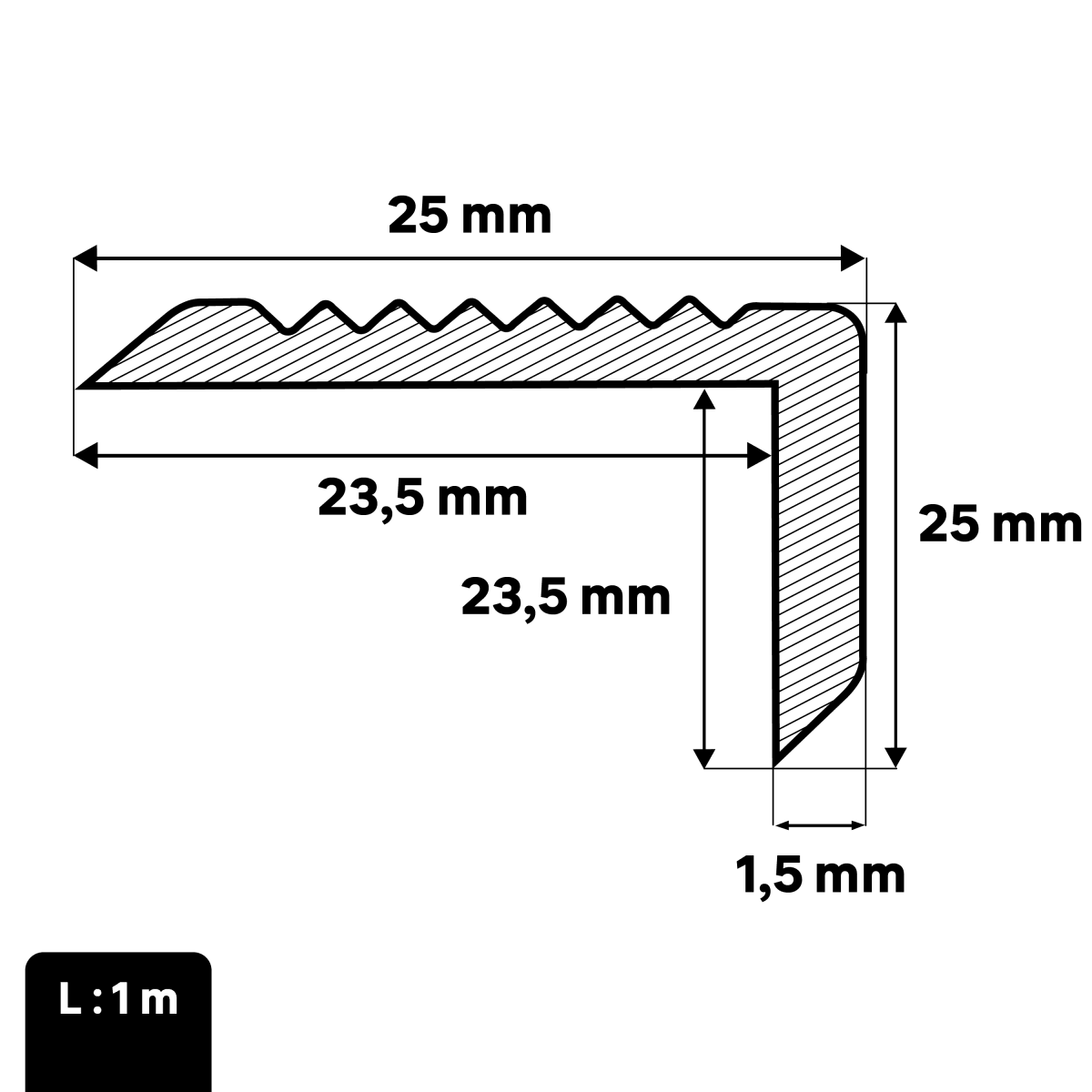 25x25 mm corner protector, polished finish, 1.00 m