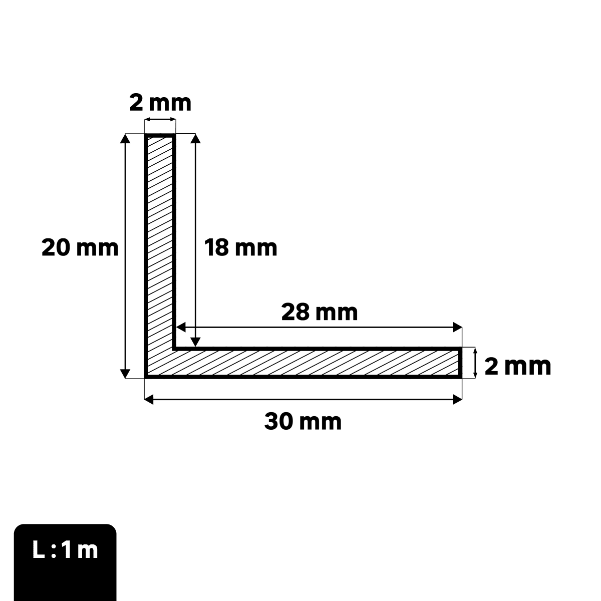 PVC "L" ANGLE PROFILE 30x20x1MM 1M WHITE ANG MM30X20 PVC MATT WHITE MT1.00